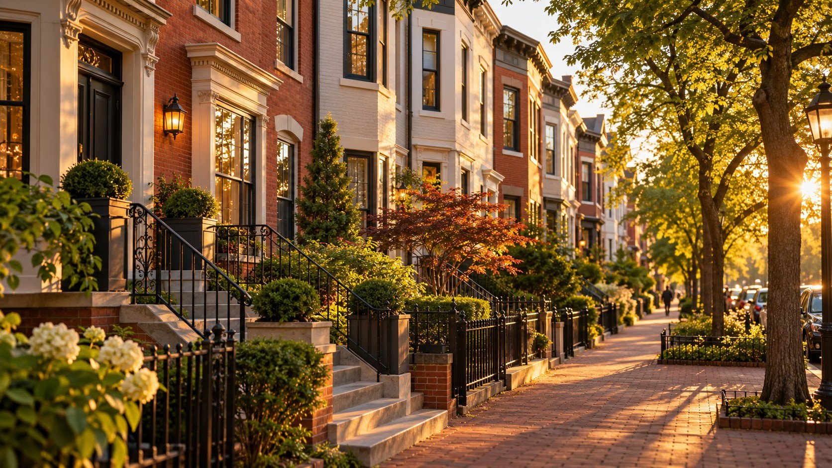 A brick-paved street of rowhouses at sunset